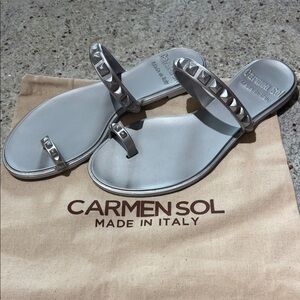 Carmen Sol Silver Studded Leather Slide Sandals - Women